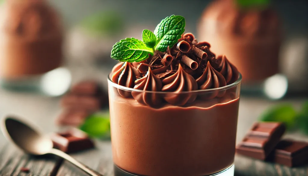 Easy dissert recipes: Simple chocolate mousse in a glass, garnished with mint and chocolate shavings