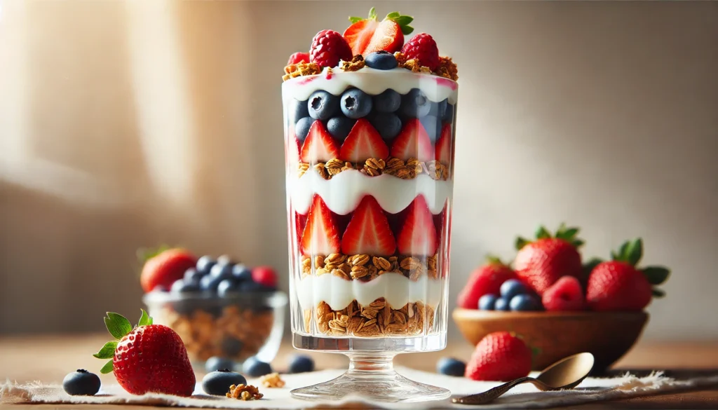 A layered parfait in a tall glass, featuring yogurt, granola, and berries