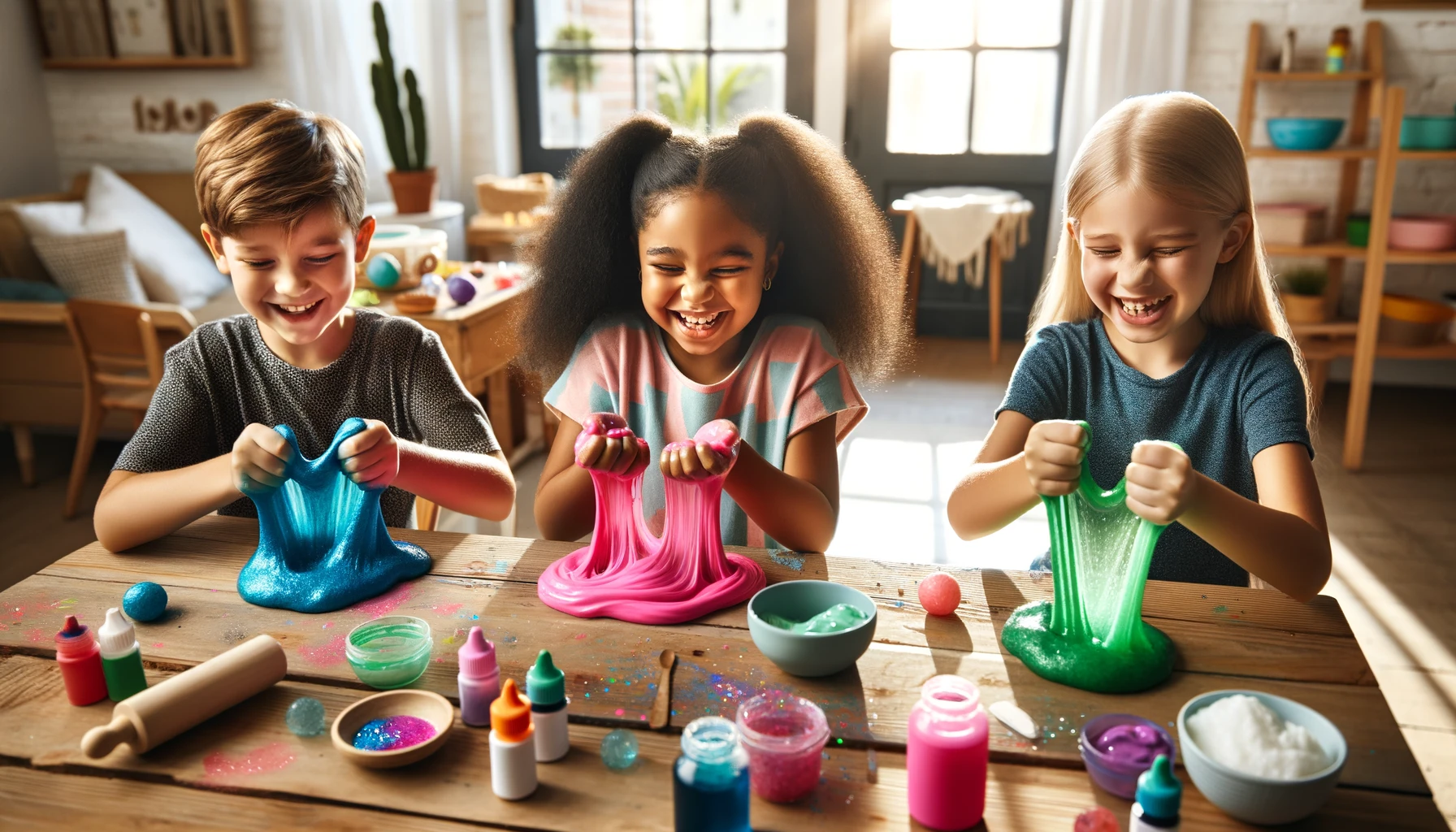 Kids playing with colorful homemade slime recipes