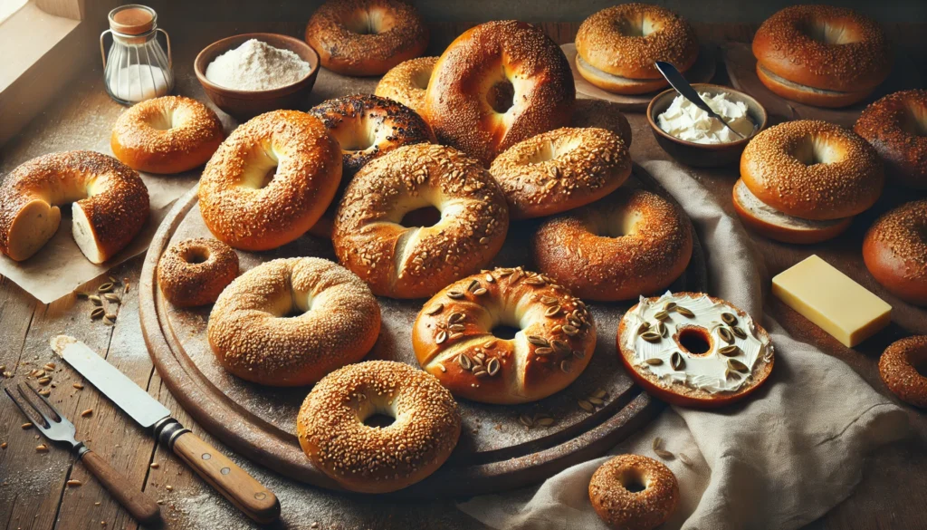 Sourdough bagel recipe showing chewy, golden-brown bagels with various toppings like sesame seeds and Everything Bagel seasoning.