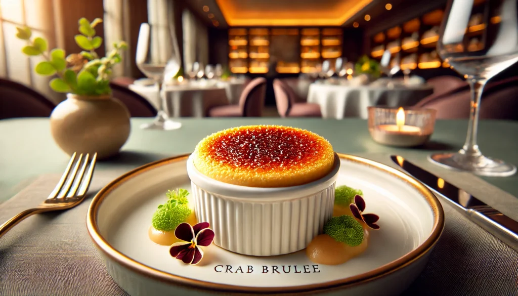 Luxurious Crab Brulee Recipe with a creamy crab custard base topped with caramelized sugar crust in a ramekin.