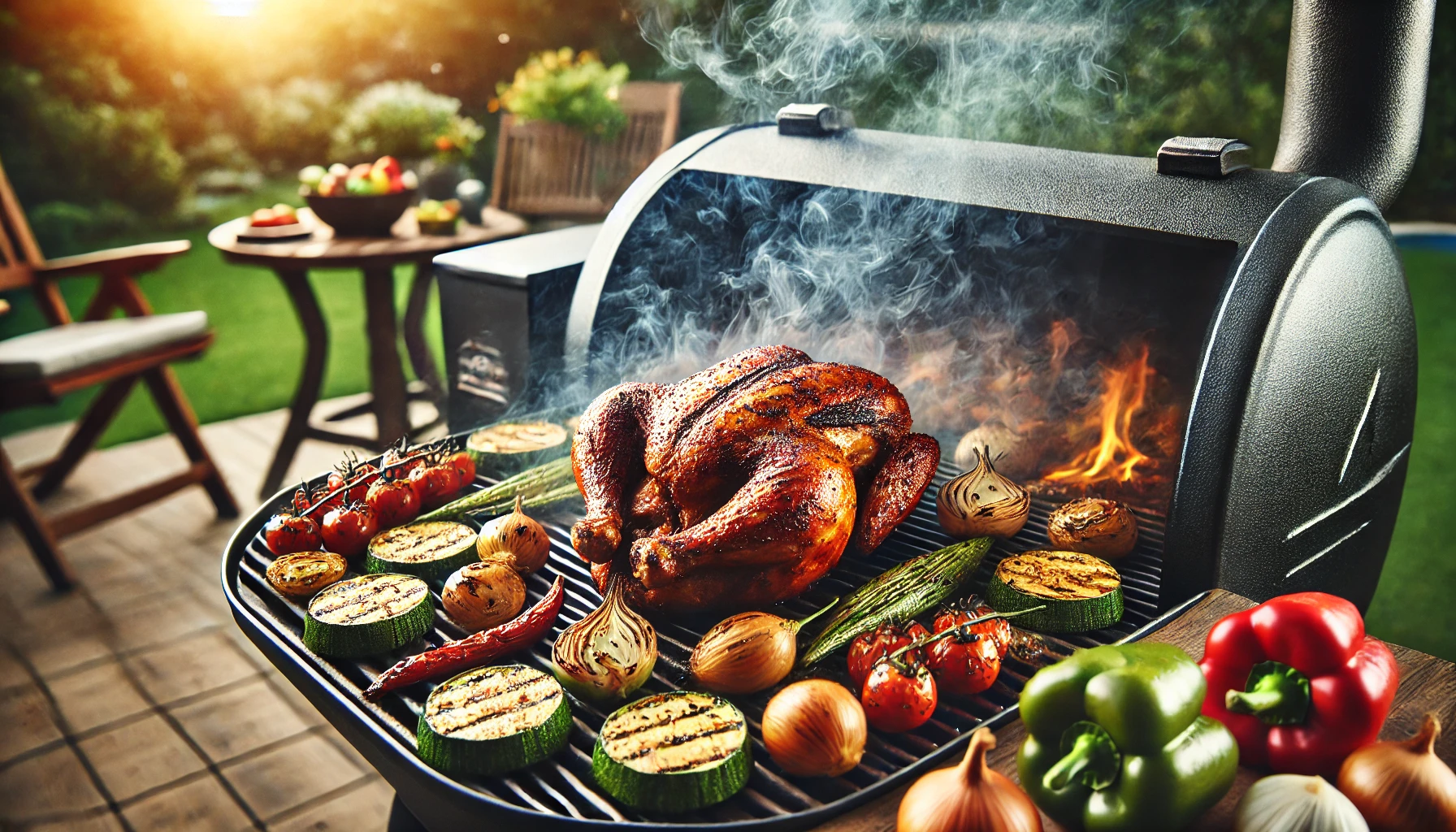 Delicious Traeger smoked chicken and vegetables on a grill.