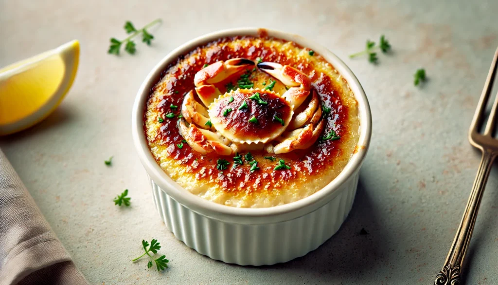 A close-up image of a ramekin filled with creamy crab brulee, featuring a golden, caramelized sugar crust on top. The dish is garnished with finely chopped herbs, offering a visually appealing contrast between the crispy topping and the rich, smooth custard beneath.