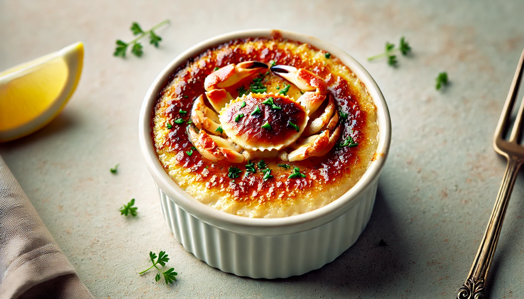 A close-up image of a ramekin filled with creamy crab brulee, featuring a golden, caramelized sugar crust on top. The dish is garnished with finely chopped herbs, offering a visually appealing contrast between the crispy topping and the rich, smooth custard beneath.