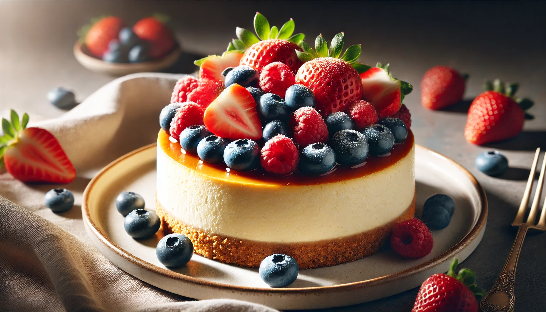 Classic Philadelphia cheesecake on a plate with a golden graham cracker crust and creamy filling, topped with fresh fruit