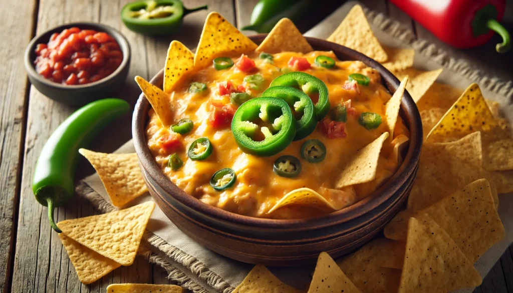 Bowl of cheesy Rotel dip with tortilla chips and jalapenos.