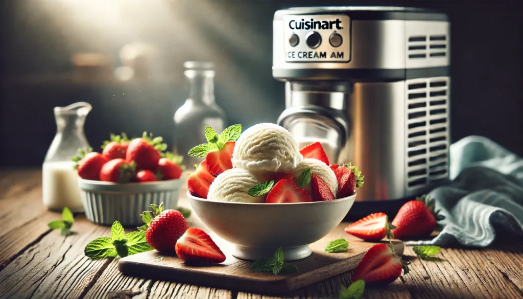 Homemade vanilla ice cream churned using a Cuisinart ice cream maker, served in a bowl with fresh strawberries and mint.