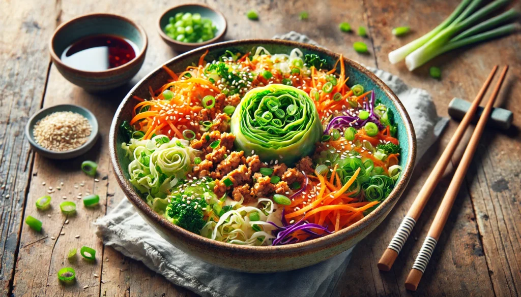 A vibrant, colorful image of egg roll in a bowl recipe with fresh ingredients