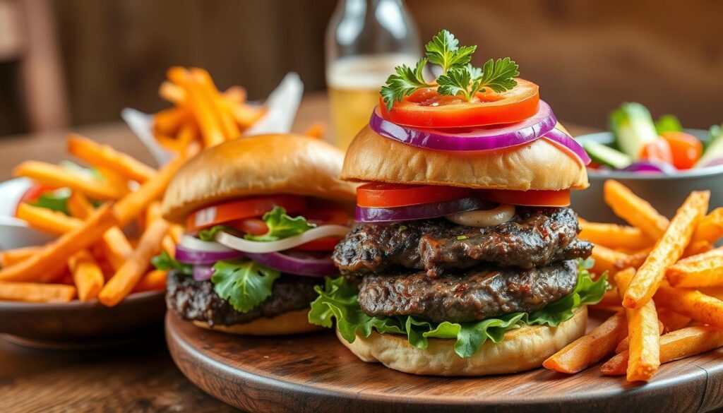 venison burgers with side dishes